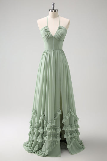 Vestido de dama de honor con volantes Dusty Sage Halter con abertura